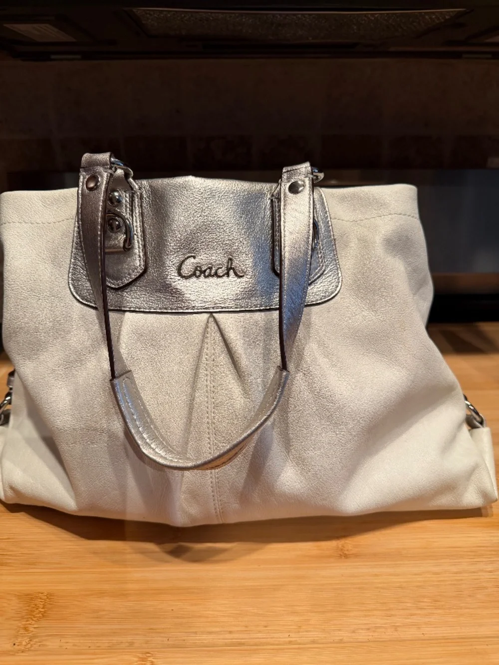 White and Silver Ashley Coach Bag/Tote